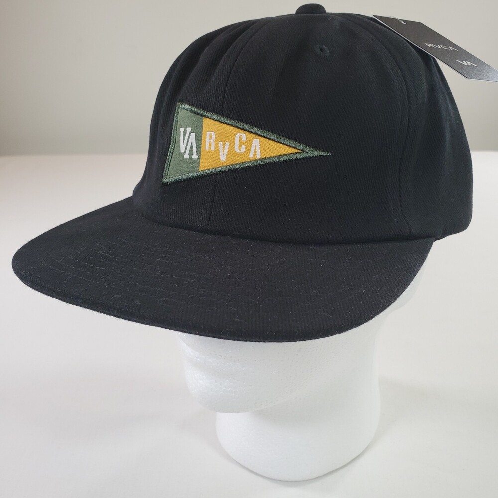 RVCA Strapback Cap Mid Profile Black Throwback Pennant Logo 6 Panel Dad Hat